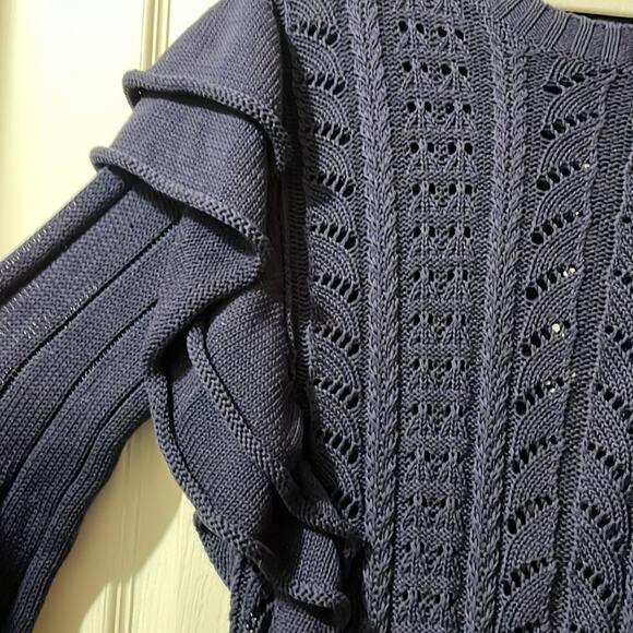 Trina Turk Blue Cable Knit Ruffled Sleeve Sweater M - Picture 2 of 4